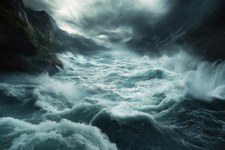 Powerful waves surge violently in a rocky coastal area while dark clouds gather overhead at twilight.の写真素材
