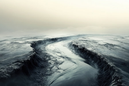 A winding river flows through a unique, rugged terrain, illuminated by soft, ambient light during sunrise.の写真素材