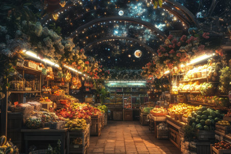 A bustling market brimming with colorful fruits and flowers, illuminated by soft lights and a starry ceiling.の写真素材