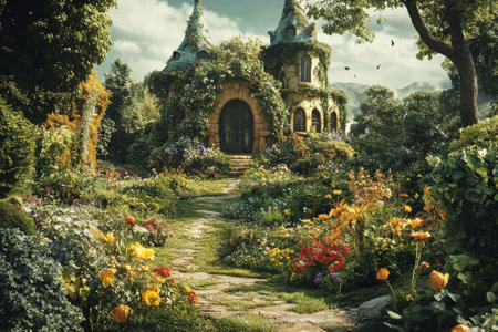A charming cottage is nestled in a vibrant garden filled with colorful flowers, under a blue sky.の写真素材