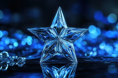A crystal star reflects light amidst a bed of blue sparkling decorations, creating an enchanting atmosphere.の素材