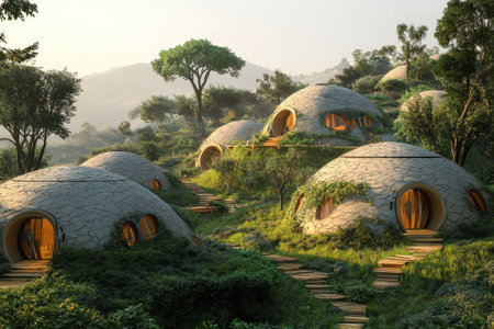 Dome-shaped homes blend harmoniously with green hills and trees, showcasing sustainable living in nature.の写真素材