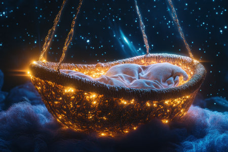 A beautifully woven cradle glows softly as it hangs in a starry night sky, enveloped by fluffy clouds.の写真素材