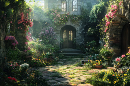 A beautiful courtyard features vibrant flowers and stone walls, bathed in warm sunlight creating a tranquil atmosphere.の写真素材