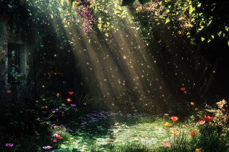 Sunlight filters through leaves, casting golden beams on a tranquil garden filled with colorful flowers.の写真素材