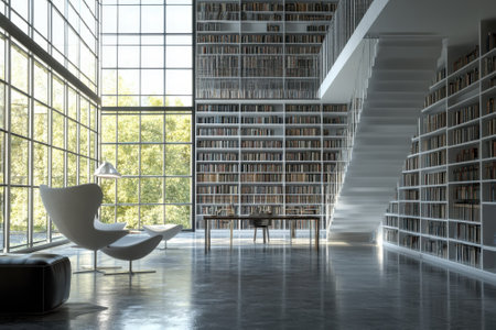A serene library space featuring floor-to-ceiling bookshelves, stylish seating, and ample natural light.の写真素材