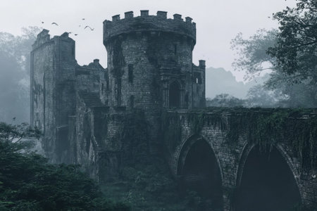 A medieval castle stands shrouded in mist, showing its ancient stone walls and round towers.の写真素材