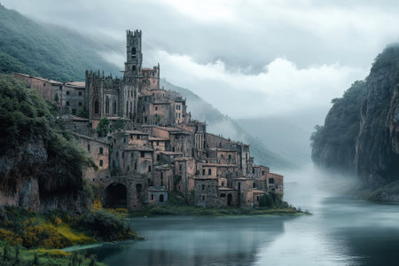 Ruins of an ancient village rise above a tranquil river under a blanket of fog in a serene mountain setting.の写真素材