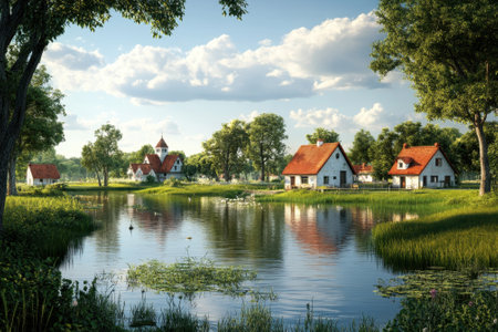 Quaint houses with red roofs reflect in a peaceful lake surrounded by lush greenery and soft clouds.の写真素材