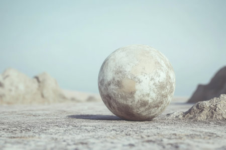 A large spherical object sits on a dry terrain surrounded by rough rocks under a calm, pale sky.の写真素材