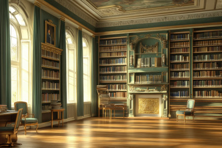 A spacious library features tall windows, wooden floors, and classic furniture, creating a serene reading environment.の写真素材