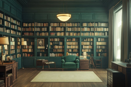 A spacious library features dark green walls, filled bookshelves, and a comfortable chair for reading.の写真素材