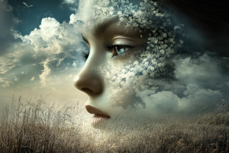 A young woman's profile merges with clouds and flowers, creating a serene natural ambiance during twilight.の写真素材