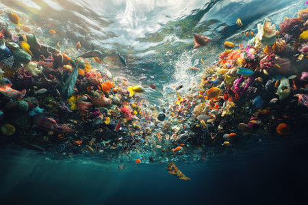 Colorful coral formations and numerous fish species create a lively underwater ecosystem in sunlight.の写真素材