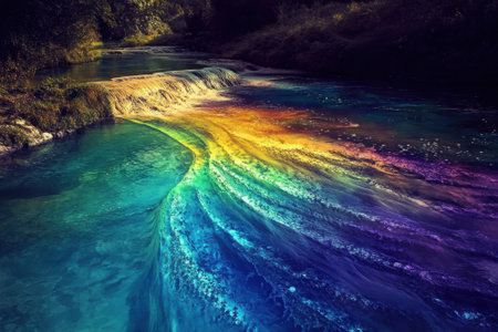 A stunning display of rainbow hues streams through a tranquil river surrounded by lush greenery.の写真素材