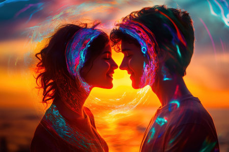 A couple leans towards each other, enjoying an intimate moment under a vibrant sunset at the beach.の写真素材