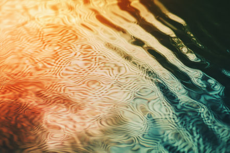 Waves create fascinating patterns as they capture the warm hues of sunset over a still lake.の写真素材