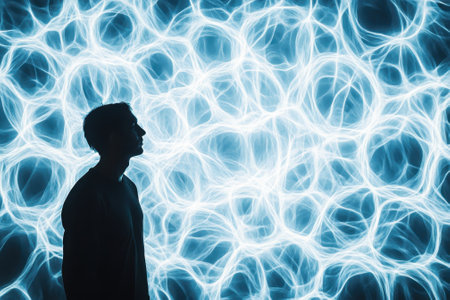 A figure is immersed in a mesmerizing blue light display, creating an ethereal atmosphere at night.の写真素材