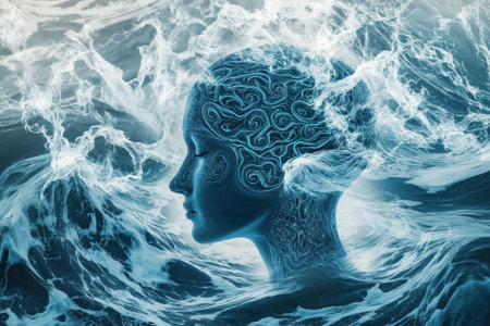 A silhouette of a person emerges from tumultuous waves, symbolizing the connection between the mind and nature's forces.の写真素材