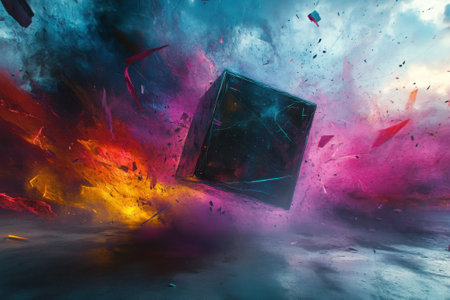 A cube floats in a chaotic expanse of swirling colors and energy, creating a mesmerizing visual experience.の写真素材