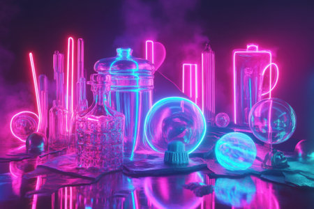 A collection of glass items illuminated by striking neon lights creates a captivating atmosphere.の写真素材