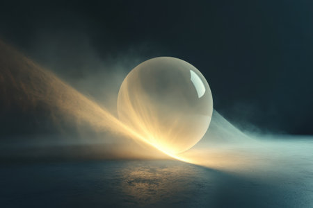 A glowing spherical object rests in a misty area, casting soft light and creating gentle reflections around it.の写真素材