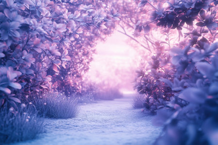 A gentle pathway stretches through a garden adorned with ethereal purple flowers during twilight.の写真素材