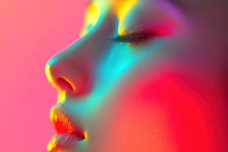 A close-up shot captures a tranquil face illuminated by colorful lighting, highlighting serene features.の写真素材