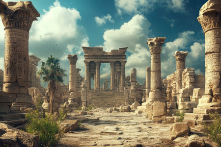 Majestic columns and stone structures showcase the remnants of an ancient civilization amidst lush greenery.の写真素材