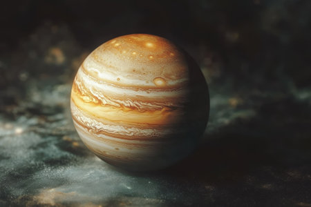 A vibrant depiction of Jupiter featuring its unique bands and storms against a dark cosmic backdrop.の写真素材