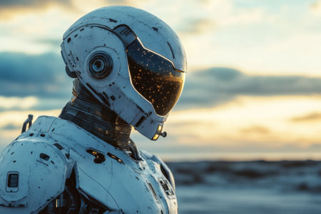A futuristic robot gazes at the horizon during twilight, surrounded by a rugged, rocky terrain.の写真素材