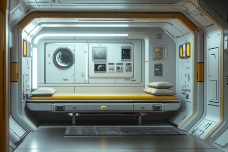 A spacious, well-lit futuristic pod features a sleeping area and control panels, emphasizing modern design.の写真素材