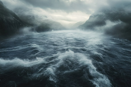 Dark waves churn fiercely between towering cliffs, shrouded in mist under a cloudy sky at dusk.の写真素材