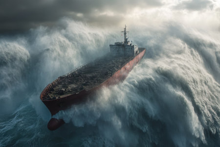 A large vessel struggles against massive waves, surrounded by dark storm clouds, showing nature's power and fury.の写真素材