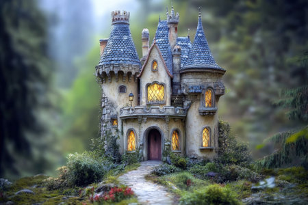 A fairytale castle stands proudly amidst a lush forest, illuminated by warm glowing windows as dusk approaches.の写真素材