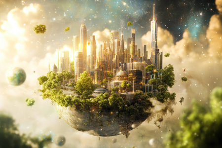 A vibrant cityscape floats above lush greenery and clouds, illuminated by the warm glow of sunrise.の写真素材