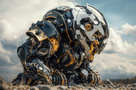 A robotic figure with metallic armor examines the ground in a rugged terrain during overcast weather.の写真素材