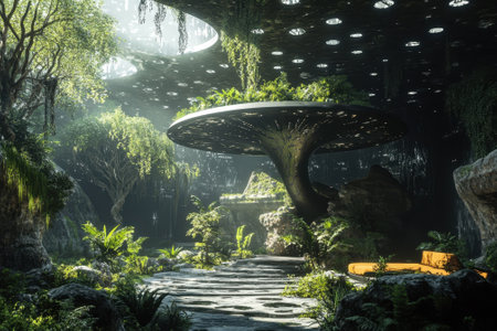 A serene garden setting features an oversized table-like structure with lush greenery and soft natural light.の写真素材