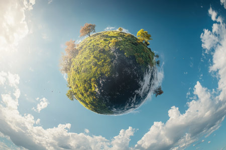 A tiny planet showcases lush greenery and sparkling water under a bright blue sky filled with clouds.の写真素材