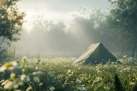A tent stands in a serene meadow filled with wildflowers as soft morning mist envelops the landscape.の写真素材