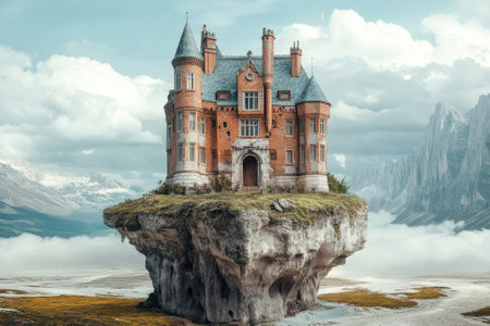A stunning castle rests on a solitary rock formation, shrouded in clouds with mountain peaks nearby.の写真素材