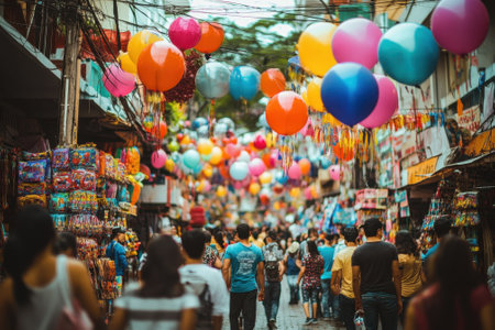 A lively street market is filled with people enjoying a celebration under vibrant balloons.の写真素材