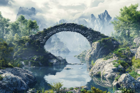 A beautiful stone bridge spans a tranquil lake surrounded by mountains and lush greenery in a misty setting.の写真素材