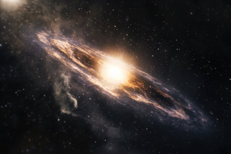 A stunning spiral galaxy with bright core and swirling arms showcases the beauty of the cosmos at night.の写真素材