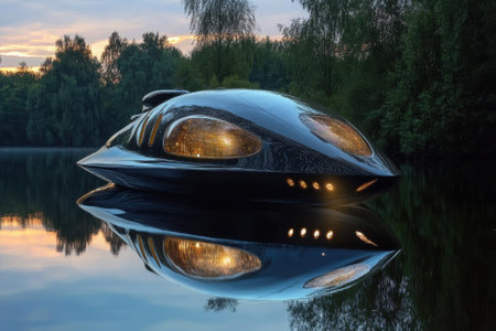 A sleek black vessel navigates a calm lake at dusk, reflecting soft lights from its surface and surroundings.の素材