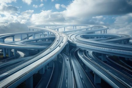 A busy highway interchange features multiple levels with cars traveling in various directions under a cloudy sky.の写真素材