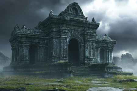 The majestic ruins of an ancient temple rise from lush grass, surrounded by low-lying mist under a cloudy sky.の写真素材