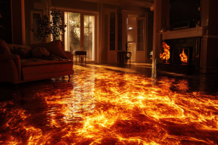 Warm light fills the living room as lava flows over the hardwood floor, creating an otherworldly atmosphere.の写真素材