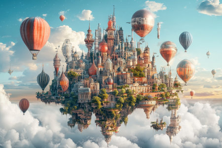 A majestic city floats among clouds, adorned with intricate architecture and colorful hot air balloons.の写真素材