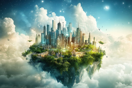 A vibrant city rests on a floating island, with modern skyscrapers surrounded by clouds and trees under a bright sky.の写真素材